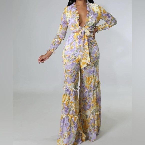 Banjul 2 piece crop top wide leg flowing pants floral print yellow purple medium - Picture 3 of 13